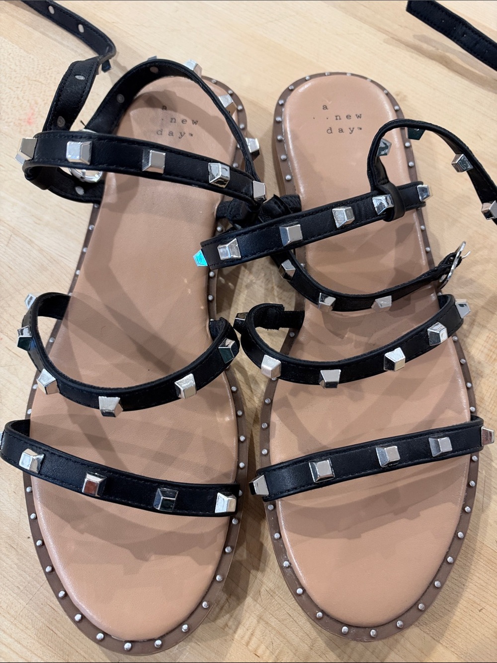 a new day Black Studded Strappy Sandals with Tan Footbed